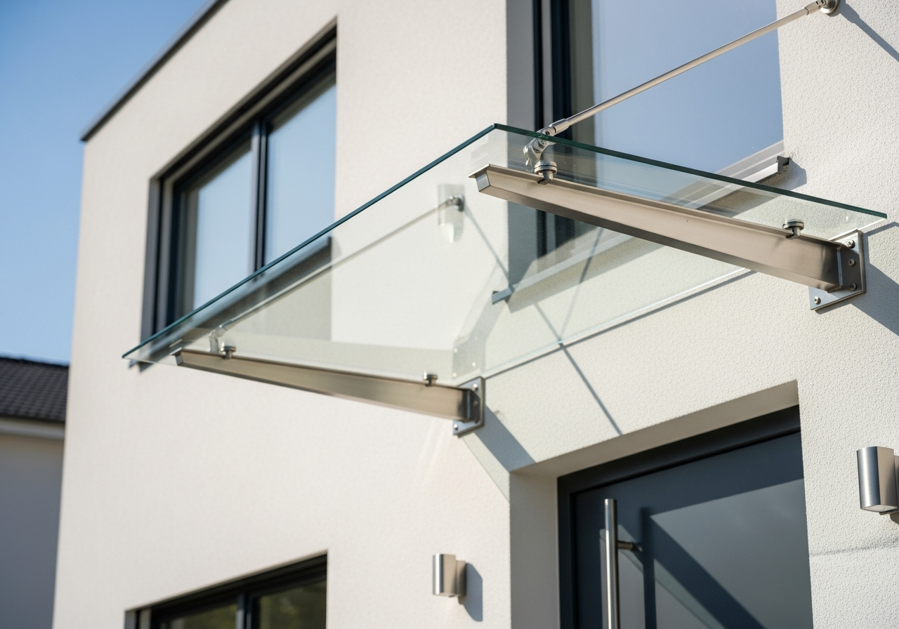 Auvent en acier inoxydable et verre au-dessus d'une porte d'entrée moderne