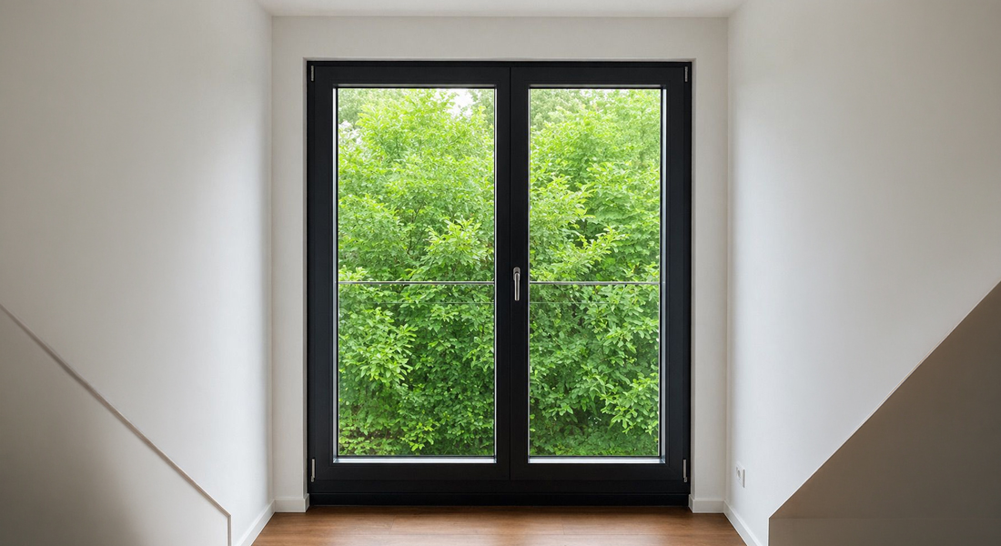 Fenêtre aluminium moderne dans un salon avec vue sur jardin